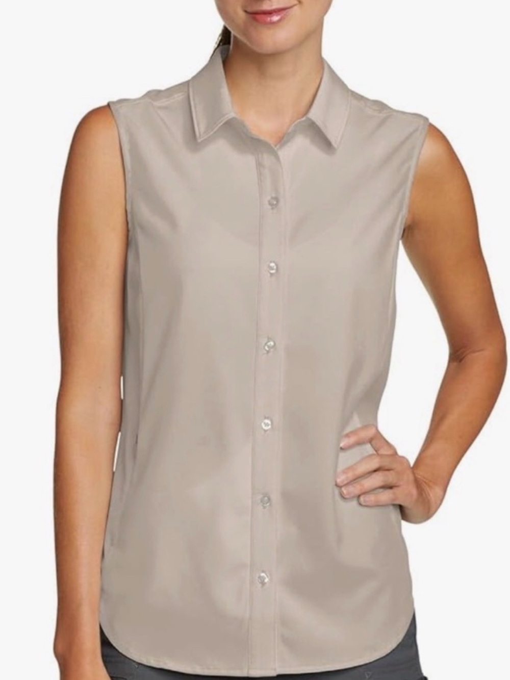 Eddie Bauer Sleeveless Button-Down Blouse in Taupe